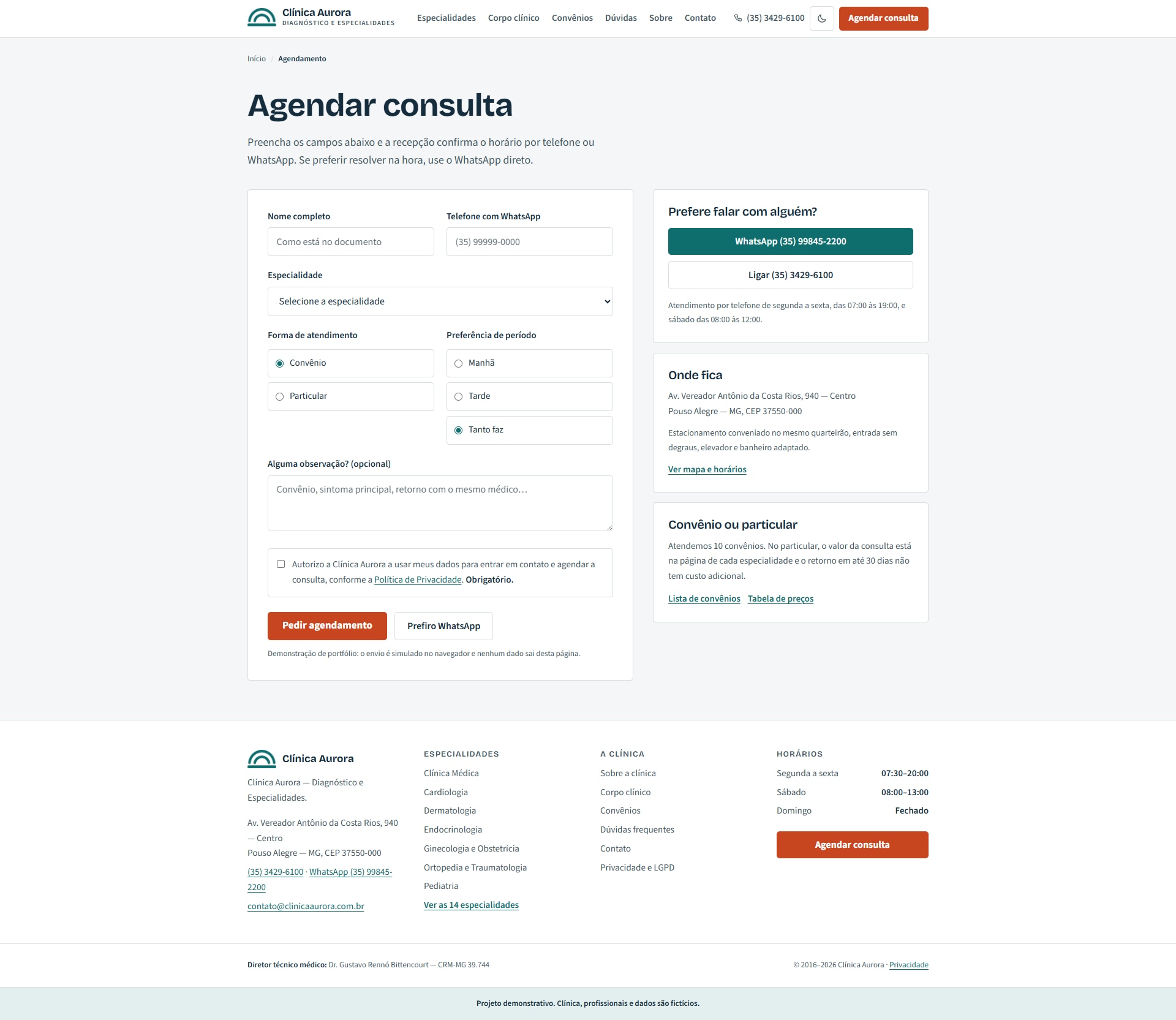 Clínica Aurora: página agendamento, tema claro, capturada de cima a baixo