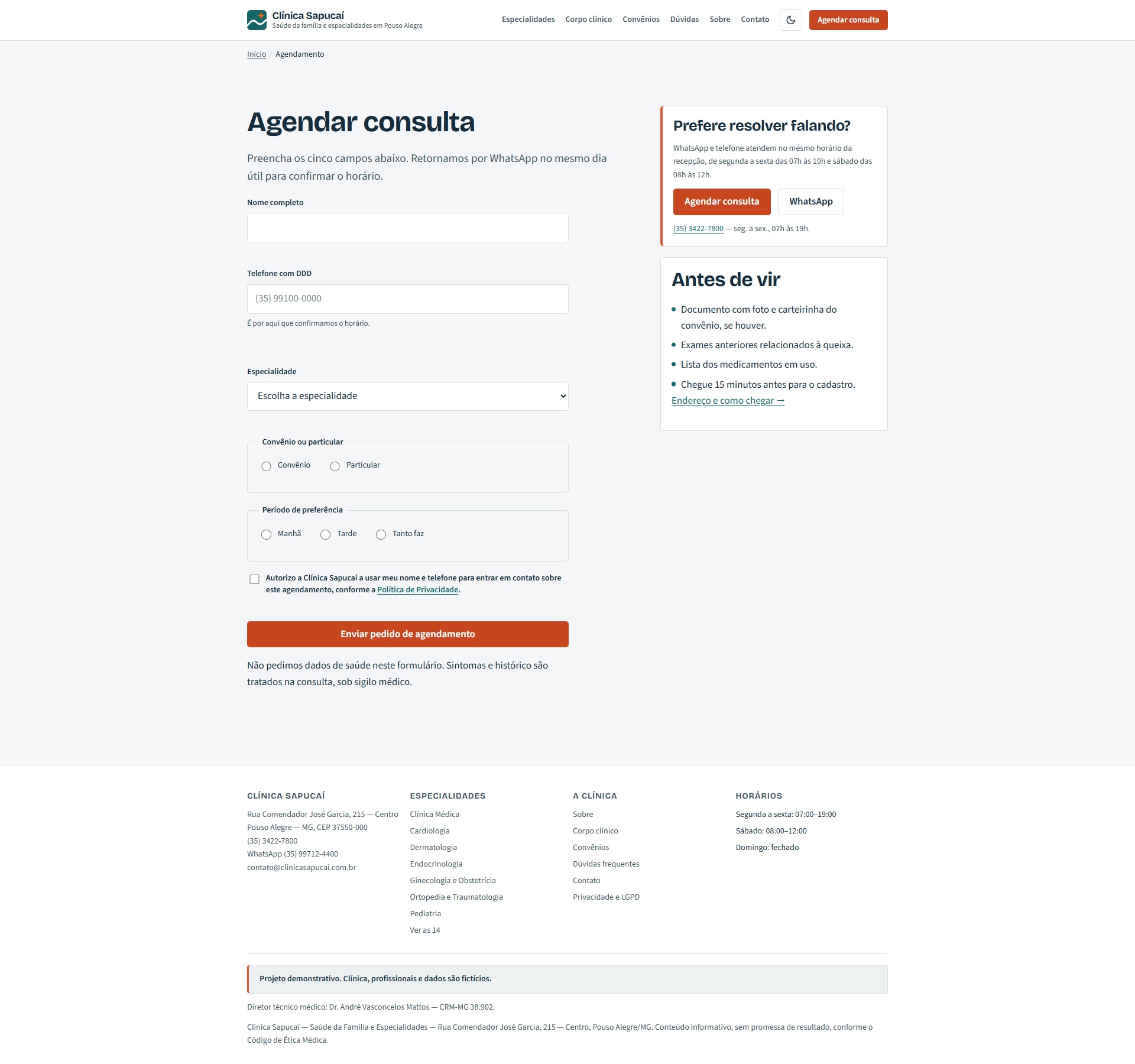 Clínica Sapucaí: página agendamento, tema claro, capturada de cima a baixo