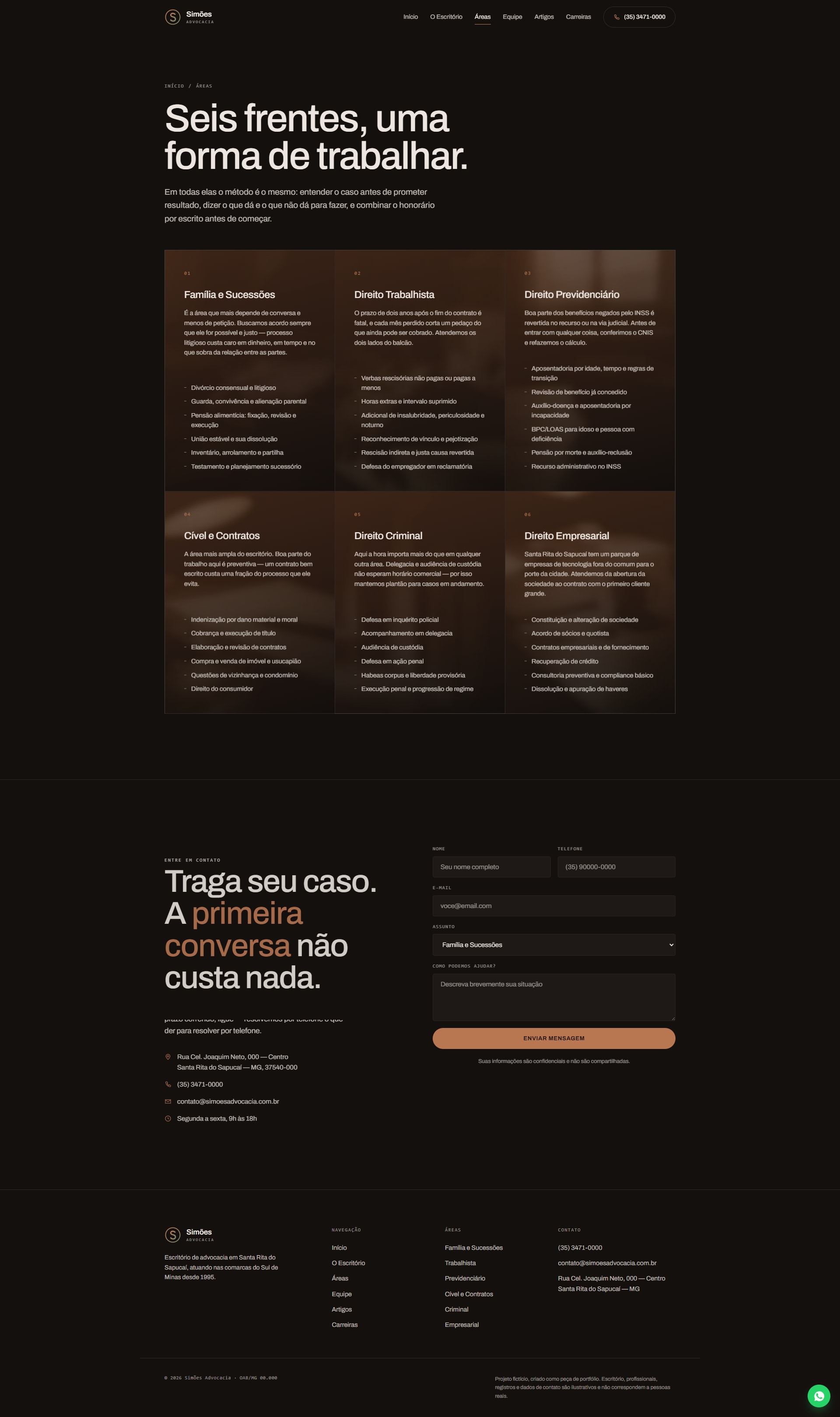 Simões Advocacia: página áreas de atuação, capturada de cima a baixo